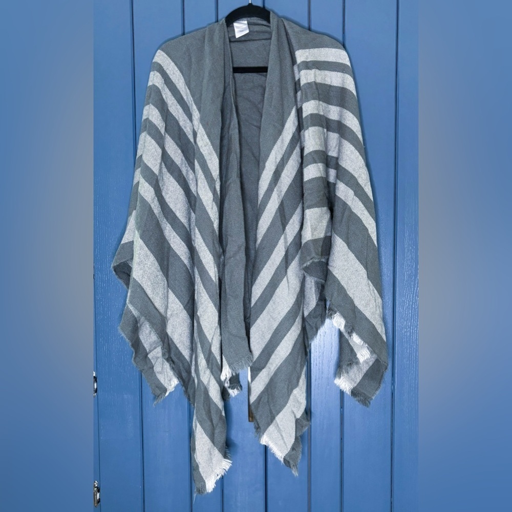 Gray Striped Sweater Shawl Fringe Trim Boho Hippie Peasant Lagenlook Coastal